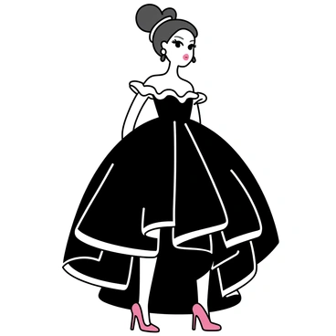 A model in a striking, oversized black gown with intricate folds and dramatic ruffles stands against a stark white background. The gown contrasts with her bright red high-heeled shoes. Her hair is styled in an elaborate updo, adorned with metallic accessories. She has bold makeup featuring dark eyeliner and deep red lipstick, enhancing her fierce expression. The lighting casts sharp shadows, accentuating the sharp angles of her outfit and creating a high-contrast visual effect.