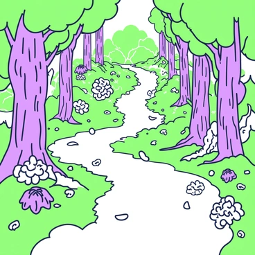 A winding pathway meanders through a dense forest. On either side of the path, there are clusters of flowers that emit a soft glow. The flowers display various shapes and sizes, with some having delicate petals and others appearing more robust. The pathway is bordered by tall trees, their trunks thick and gnarled, with leaves overhead creating a natural canopy. The ground is covered in a mix of fallen leaves and soft moss, enhancing the forest floor's texture. In the distance, the path disappears into a thicker part of the woods, hinting at an unknown destination that lies ahead.