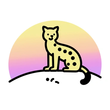 An ocelot, displaying its distinctive spotted fur, is perched on a small hill. The animal's posture is alert, with its ears perked up. The background features a vibrant sunset, casting a gradient of warm colors including orange, pink, and purple across the sky. The silhouette of the ocelot stands out against this colorful backdrop, emphasizing its sleek body and characteristic markings. The hill is gently sloping, with minimal vegetation, allowing for a clear view of the sunset behind the ocelot.