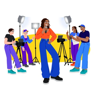 Aaliyah is standing confidently in front of a vintage film set, surrounded by retro camera equipment. She is wearing a stylish outfit that reflects the fashion of her era, including a cropped top and high-waisted pants. The background features an assortment of classic film cameras, tripods, and bright studio lights. Aaliyah is smiling while holding a microphone, with crew members adjusting the equipment nearby. The scene captures the lively atmosphere of a music video shoot. The colors are vivid, enhancing the overall energy of the image.