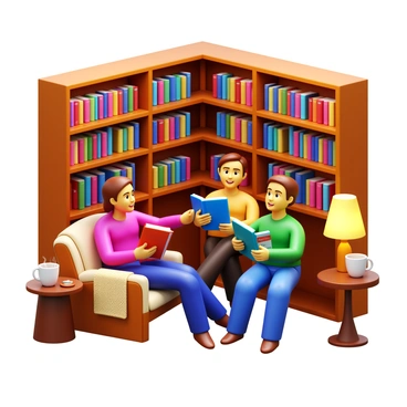 A cozy library corner with wooden bookshelves filled with various books. A group of three people is gathered, exchanging books while smiling and engaging in conversation. One person is holding a novel with a colorful cover, while another is gesturing animatedly, sharing a recommendation. A soft armchair is situated nearby, draped with a knitted blanket. A warm light from a nearby lamp casts a gentle glow over the scene, enhancing the inviting atmosphere. A small table holds a steaming mug, adding to the comfort of the setting.