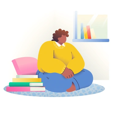 A child with curly brown hair is sitting cross-legged in a cozy corner of a room. The child is wearing a bright yellow sweater and blue jeans. Surrounding them is a stack of colorful books, some open and leaning against each other. The walls of the corner are adorned with soft pastel colors, and a plush, patterned rug is underneath. A small, soft pillow is propped against the wall, and a gentle light from a nearby window creates a warm atmosphere.