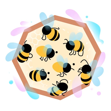 A group of bees is clustered closely together inside a hive. These bees are engaged in the "waggle dance," with some of them moving in a figure-eight pattern, while others are following their movements attentively. The hive is made of natural wood, with hexagonal honeycomb structures visible in the background. The bees are depicted in varying sizes and orientations, showcasing their wings in motion as they dance. The scene is filled with soft gradient pastel colors, blending harmoniously to create a vibrant atmosphere within the hive.