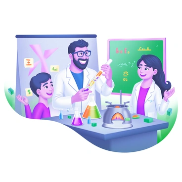A modern pastel illustration depicting a scholar in a white lab coat with glasses, intently observing a colorful chemical reaction occurring in a test tube held in their hand. The scholar's expression shows excitement and curiosity. Surrounding the scholar are two colleagues, one with short hair and the other with curly hair, both smiling and cheering. The lab is filled with various scientific equipment, including beakers, flasks, and a Bunsen burner, all on a lab bench in the background. A chalkboard with colorful equations and diagrams is visible on the wall behind them.