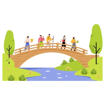A small wooden bridge arching over a gentle river with clear blue water. The bridge has wooden railings and a weathered appearance, blending harmoniously with its surroundings. On the bridge, a group of settlers dressed in traditional clothing is crossing. Some settlers are carrying baskets, while others have walking sticks. Lush green trees and shrubs line the riverbanks, and a few colorful wildflowers add pops of color to the scene. The sky is bright and clear, completing the tranquil setting.