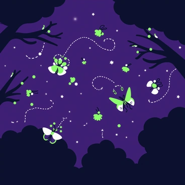 A dark night scene is filled with multiple fireflies in flight. The fireflies are emitting soft glowing lights as they navigate through the air, leaving behind shimmering trails that form intricate patterns. The background features silhouettes of trees, their branches reaching out towards the sky. Some fireflies are clustered together, while others are gliding solo, creating a dynamic display of movement. The atmosphere is alive with the energy of these tiny creatures dancing through the night.