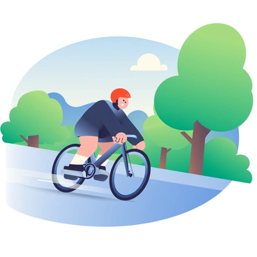 A daring cyclist with short, dark hair is positioned on a sleek recumbent bike as they speed down a steep hill. The cyclist is wearing a bright red helmet and a black racing suit, streamlined for speed. The bike features a low, aerodynamic frame and large, thin tires that grip the asphalt. The hill is surrounded by lush green trees, their leaves blurred in motion as the bike races past. In the background, a clear blue sky contrasts with the vibrant colors of the landscape. The cyclist's expression is one of focus and excitement, embodying the thrill of the descent.