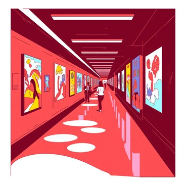 A red subway station corridor is lined with vibrant artwork displayed on the walls. The artworks feature a variety of styles and colors, engagingly arranged to draw the attention of passersby. Bright lights illuminate each piece, highlighting the intricate details and textures in the artworks. The floor is glossy and reflects the colors from the walls, enhancing the overall effect of the exhibit. A few people can be seen walking through the corridor, stopping to admire the art as they make their way to their destinations.