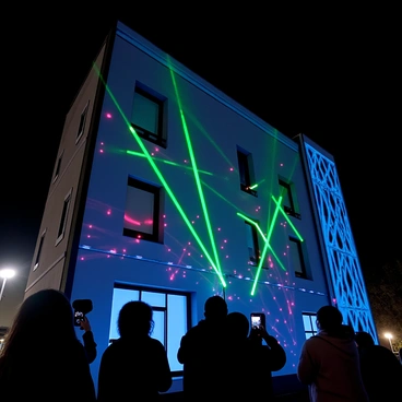 A building at night is illuminated by vibrant lasers. The lasers create intricate patterns that dance across the surface of the building. Bright beams of green, blue, and red light intersect and weave, forming geometric designs. The glow of the lasers contrasts sharply with the dark sky, enhancing the visual spectacle. People can be seen admiring the light show, capturing photos as the patterns shift and change in real-time.