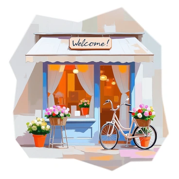 A shabby chic shop facade with weathered blue paint that is gently peeling in places. The windows are adorned with delicate lace curtains, and a vintage wooden sign hangs above the entrance, with the words "Welcome!" painted in a playful font. Potted flowering plants in pastel colors are placed on either side of the door, adding a touch of charm. A bicycle with a basket overflowing with fresh flowers leans against the wall, completing the inviting atmosphere of the shop.