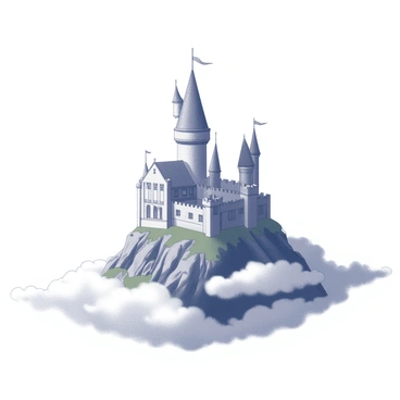 A castle with tall, pointed towers stands atop a mountaintop surrounded by fluffy clouds. The structure features intricate stonework and several flags that extend from the towers, fluttering in the wind. Below the castle, the mountaintop is rugged and uneven, with rocky surfaces partially covered in patches of grass or moss. The clouds envelop the base of the mountain, creating a sense of elevation and isolation.