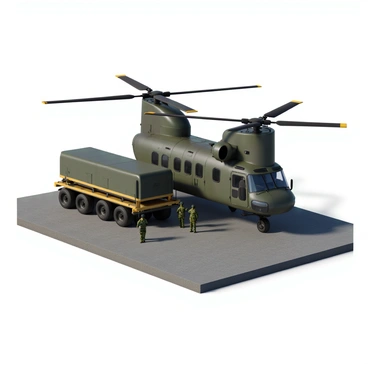 An NH90 helicopter with a dark green and grey camouflage pattern is parked on a concrete surface at a military base. The helicopter features dual rotors on top and has a sleek, modern design with large side windows. A fuel truck, painted in military colors with a yellow stripe, is positioned next to the helicopter, with a fuel hose extending from the truck to the helicopter's fueling port. Soldiers in tactical uniforms are overseeing the refueling process, while military vehicles and equipment are visible in the background, signifying an active military environment. The sky is clear, and the sunlight casts shadows on the ground, highlighting the details of the helicopter and the base.