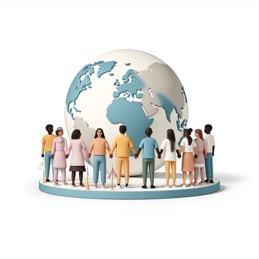 A detailed world map displayed prominently, featuring countries outlined in various colors. Surrounding the map, a diverse group of people holding hands, representing different ethnicities and cultures. Each person is wearing traditional clothing that reflects their heritage. The individuals are standing on a circular platform that emphasizes unity, with smiles on their faces as they look towards the map. Bright, colorful flags of different nations are scattered around the base of the map, enhancing the theme of global togetherness.