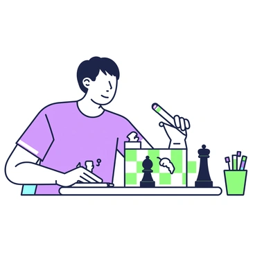 A chess player is sitting at a table with a chessboard in front of them. The player has short black hair and is wearing a blue shirt. They are holding a green pen in their right hand, jotting down strategy notes on a white notepad placed on the table. The chessboard features several pieces arranged in a mid-game position, with a white rook and a black queen prominently displayed. A focused expression is on the player's face as they gaze at the board, considering their next move. Next to the notepad, there is a green cup holding additional pens and pencils.