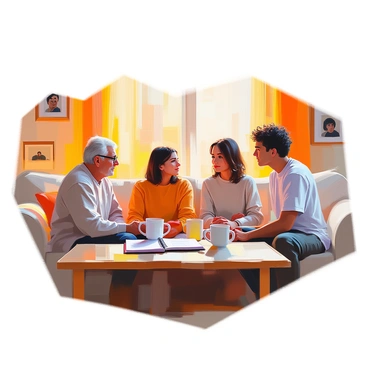 A multi-generational family is sitting in a cozy living room engaged in a serious discussion. The group includes an elderly man with gray hair wearing reading glasses, a middle-aged woman with medium-length brown hair dressed in a casual sweater, and a young adult with curly hair in a t-shirt. They are seated on a plush sofa, surrounded by warm lighting and family photographs on the walls. A coffee table in front of them holds a few mugs and an open notebook. The atmosphere is focused, with each family member looking intently at one another, conveying the importance of the conversation.
