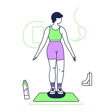 A person is performing pelvic tilts on a balance board. The individual is centered on the board, with both feet firmly placed. They are wearing fitted athletic clothing, consisting of a tank top and shorts. Their arms are extended slightly for balance, and their head is tilted slightly forward, focused on maintaining stability. The background includes a softly lit room with a mat underneath the balance board and a water bottle placed nearby.