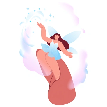 A tiny fairy with delicate wings is perched on a slender finger. The fairy is adorned in a shimmering gown that catches the light, and she is in the act of sprinkling sparkling magical dust into the air. The dust twinkles and glimmers as it floats gently around her. The surrounding atmosphere is filled with soft, gradient pastel colors, enhancing the enchanting scene.