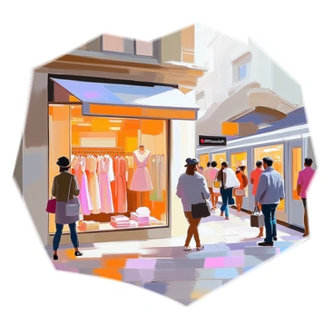 A charming boutique filled with elegant clothing and accessories, featuring a large window that overlooks a bustling Paris metro station. The window displays an assortment of pastel-colored dresses hanging on racks inside the boutique. Outside, people are rushing by, some waiting for the train while others are engaged in conversation. The metro station is busy with commuters, showcasing a mix of diverse individuals, including a woman wearing a beret and a man with a briefcase. The backdrop features classic Parisian architecture with intricate details, and the sky is bright and clear, adding vibrancy to the scene.