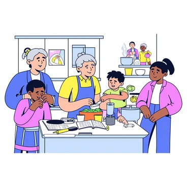 A kitchen scene featuring multiple generations of a family cooking together. In the center, an elderly woman is demonstrating how to prepare a dish while a middle-aged woman observes closely. A child stands on a stool, eagerly mixing ingredients in a bowl. Various cooking utensils are scattered on the countertop, including a wooden spoon, a measuring cup, and a recipe book opened to a page filled with handwritten notes. The walls of the kitchen are adorned with family photos and colorful artwork. A pot is simmering on the stove, and the aroma of fresh ingredients fills the air.