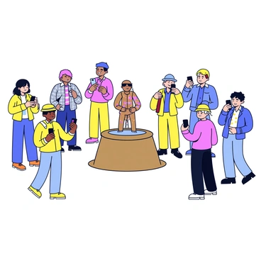 A small bronze statue of a boy urinating into a fountain, known as "Manneken Pis," stands in the center. The statue is adorned with a tiny colorful outfit. Around the statue, several cartoon-style tourists are taking pictures with their smartphones. Some of the tourists have bright clothing, while others wear hats and sunglasses. They are positioned in a semi-circle, expressing excitement and amusement. The scene is set against a simple backdrop that suggests an urban environment.