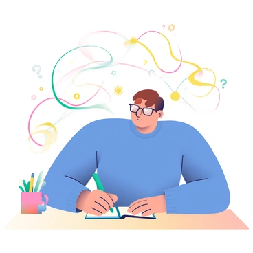 A person sitting at a desk with streams of colorful ideas swirling around their head