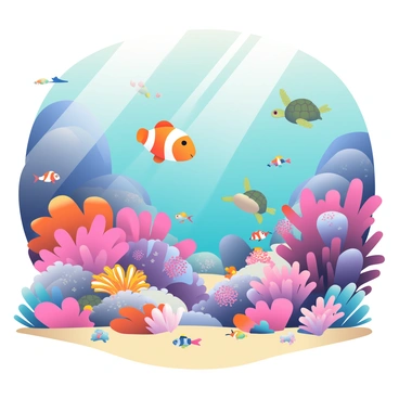 A vibrant coral reef is filled with various types of corals in shades of pink, purple, and orange. Clownfish with bright orange and white stripes are swimming playfully among the corals. Some corals have delicate anemones that sway gently in the water. Sunlight filters down from the surface, creating patterns of light and shadow on the sandy ocean floor. Small schools of colorful fish dart in and out of the coral formations, adding to the lively underwater scene. Sea turtles glide gracefully in the background, completing the bustling marine environment.