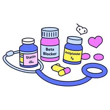 An illustration featuring several medications used to treat coronary artery disease. There are various pill bottles, each labeled with different names such as "Statin," "Beta-Blocker," and "Antiplatelet." Beside the bottles are capsules and tablets in different colors, representing the various forms of medication. A stethoscope is positioned nearby, symbolizing medical care. A small heart icon can be seen in the corner, highlighting the connection to heart health.