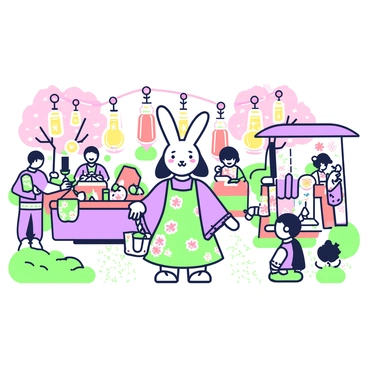 A rabbit girl with long ears is standing in a lively spring festival scene. She is wearing a colorful dress adorned with floral patterns and holding a small lantern in one hand. The festival is decorated with large, hanging lanterns in various shapes, illuminating the area with a warm glow. Around her, there are several stalls selling flowers and handmade crafts. In the background, people are engaged in traditional games, and cherry blossom trees are in full bloom, with petals gently falling to the ground.