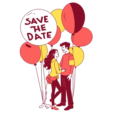 A couple stands together, smiling, surrounded by vibrant balloons of various shapes and sizes. The balloons include shades of red and yellow, creating a lively atmosphere. Among them, one large balloon stands out prominently, featuring the phrase "Save the Date" in bold letters. The couple holds hands, with the woman's hair styled elegantly and the man wearing a casual yet stylish outfit. The background is filled with additional balloons, enhancing the cheerful and celebratory scene.