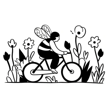 A bee with intricate wing patterns is riding a tiny bicycle. The bicycle is small enough to fit the bee perfectly, with a shiny metal frame and thin wheels. The path it travels on is winding and lined with various flowers, each with distinct shapes and sizes. Some flowers have long stems, while others are short and bushy, creating a diverse floral landscape. The background features a lush garden environment, enhancing the whimsical journey of the bee.