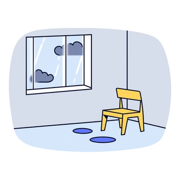 An empty room with light gray walls and a smooth, wooden floor. In the center of the room is a simple wooden chair with a straight backrest and a flat seat. To the side of the room is a large window with clear glass panes. Outside the window, raindrops are falling and creating puddles on the ground, while dark gray clouds fill the sky. The light from the overcast day softly illuminates the room through the window.