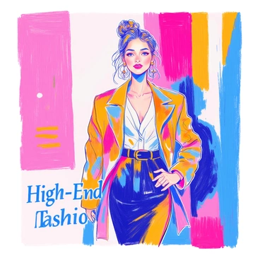 A high-end fashion label's advertisement features a model striking a confident pose in an elegant outfit. The model wears a tailored blazer with sharp lines, paired with a flowing skirt that drapes gracefully. Her hair is styled in a sleek updo, and she is adorned with statement earrings that catch the light. The background showcases minimalist geometric shapes that emphasize the fashion. The text "High-End Fashion" is elegantly displayed at the bottom in an upscale font.