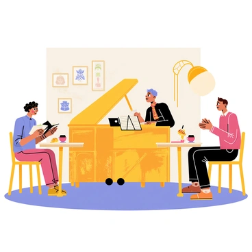 A quaint café corner featuring a small wooden piano with intricate carvings. A musician, wearing a black shirt and a colorful scarf, sits at the piano, playing a melody. Guests at small round tables are enjoying their drinks, with steaming cups of coffee and pastries on their tables. One guest, a lady with curly hair, looks up from her book to listen, while another gentleman claps softly in appreciation. The walls of the café are adorned with playful artwork, and a soft light from a vintage lamp creates a warm atmosphere.