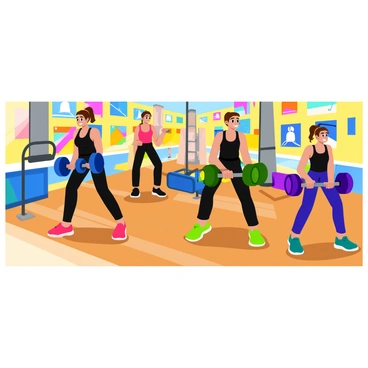 A brightly lit fitness studio with colorful walls filled with motivational posters. In the center, a group of five participants are positioned in two straight lines, all performing synchronized dumbbell fly exercises. Each participant holds a pair of dumbbells, showcasing a variety of vibrant colors such as blue, red, and green. They wear matching workout attire, including tank tops and leggings in shades of black and neon. The participants exhibit focused expressions, showcasing their commitment to the workout. The floor is a polished hardwood, and there are large mirrors reflecting their movements.