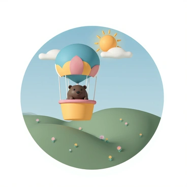 A wombat, with thick brown fur and a rounded body, is sitting comfortably in a colorful hot air balloon. The balloon features bright patterns of red, blue, and yellow, and it is floating gently above a lush green countryside. Below, rolling hills stretch out, dotted with patches of wildflowers in various colors. The sky is a clear blue with a few fluffy white clouds, and the sun casts a warm, cheerful light on the scene. The wombat looks content, with its little ears perked up as it gazes over the beautiful landscape.
