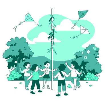 A teal spring festival scene is filled with children joyfully flying colorful kites in the sky. The kites flutter in the gentle breeze above vibrant flowers blooming all around. In the center of the scene, a group of children is dancing around a tall white maypole adorned with ribbons. Their faces are filled with excitement as they hold onto the ribbons while moving in rhythm. The atmosphere is lively, with the children dressed in bright clothes, showcasing a sense of celebration and joy.