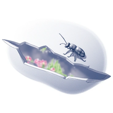 A small insect, with detailed features such as segmented body and delicate antennae, is positioned at the edge of a narrow crack in a surface. Its eyes are wide open, showing curiosity as it peers outwards. The crack is set against a textured background, perhaps made of wood or metal, with visible grain or scratches. Outside the crack, a blurred view of a vibrant environment can be seen, hinting at grass, flowers, or other elements of nature. The lighting creates shadows that enhance the depth of the crack, suggesting a sense of exploration and observation.