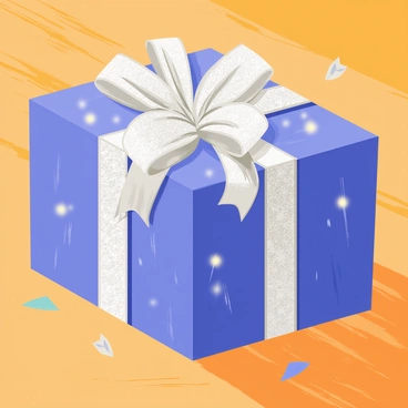 A present wrapped in vibrant blue paper with intricate patterns and a shimmering silver ribbon tied into a large bow. The present is placed on a wooden table, showing a polished surface that reflects the light. A soft glow can be seen escaping from the seams of the wrapping paper, creating a mystical ambiance around the gift. The table has a few scattered confetti pieces, adding to the festive atmosphere.