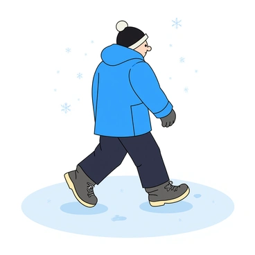 A person wearing a bright blue winter coat and dark snow pants is walking on a snow-covered ground. Their boots are sturdy and designed for winter, leaving neat, deep footprints behind. The snow is fluffy and pristine, with a slight sparkle under the sunlight. The person has a warm hat and gloves, and their breath is visible in the cold air. Flakes of snow continue to fall gently around them, adding to the winter scene.