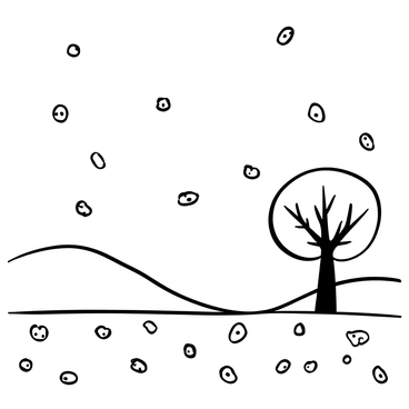 Biscuits of various shapes and sizes gently falling from the sky, creating a whimsical effect. The ground is covered in a layer of biscuits, forming a soft, textured surface. A distant tree stands tall with branches reaching up, while a few biscuits rest on its leaves. In the background, rolling hills softly curve under the weight of the falling biscuits, enhancing the playful atmosphere of the scene.