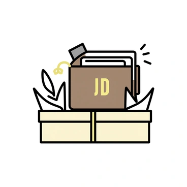 A monogrammed leather wallet, crafted from rich brown leather, with a gold embossed initials "J.D." on the front. The wallet is elegantly opened to reveal its interior, showcasing multiple card slots and a section for cash. A small, decorative tag is attached to the wallet with a golden string, indicating it is a gift. The wallet is placed on a light-colored gift box, surrounded by soft white tissue paper. A subtle, decorative ribbon in gold is wrapped around the box, adding an element of sophistication to the presentation.