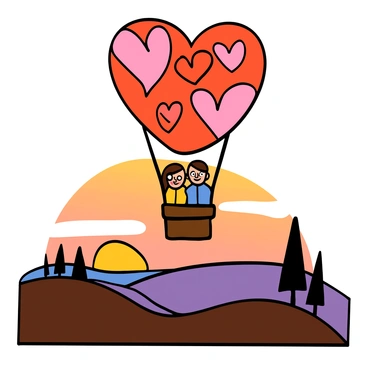 A couple with light skin and big eyes is sitting in a heart-themed hot air balloon. The balloon is filled with vibrant red and pink heart patterns. Below, a stunning sunset landscape stretches out with warm hues of orange, pink, and purple blending together. The couple is smiling at each other, surrounded by a clear sky illuminated by the soft glow of the setting sun. The landscape features rolling hills with silhouettes of trees, adding depth to the scene.