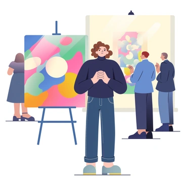 An artist with pale skin and curly brown hair is standing in front of their bold artwork at a prestigious exhibition. They are wearing a black turtleneck and dark jeans. Their hands are clasped in front of them, and their expression shows a mix of excitement and anxiety. The artwork, a large canvas filled with vibrant colors and abstract shapes, is mounted on an easel next to them. In the background, there are several elegant attendees dressed in formal attire, admiring the artwork and engaging in conversation. Soft lighting highlights the piece on display, creating a focal point in the room.