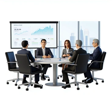 A high-rise boardroom with large glass windows overlooking a city skyline. In the room, there are five executives seated around a sleek, modern conference table. Two executives, a man with short black hair in a navy suit and a woman with long brown hair wearing a tailored gray blazer, are engaged in a discussion, with documents and a digital tablet in front of them. Another executive, a man with salt-and-pepper hair dressed in a black suit, is taking notes. The atmosphere is professional, with a large screen displaying stock market data and graphs in the background, and a cityscape of tall buildings visible through the windows.
