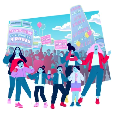 A family of four is participating in a lively rally, with two children holding hands and smiling joyfully. The parents, a father with short dark hair and a mother with long blonde hair, are also holding hands while cheering. The scene is filled with colorful banners and signs that reflect various messages of support and unity. The family is surrounded by a diverse crowd of people, all engaged in the rally, with bright clothing and enthusiastic expressions. In the background, there are balloons floating in the air and a clear blue sky overhead, enhancing the vibrant atmosphere of the event.