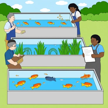 A series of rectangular fish breeding pools arranged in a line, each filled with clear blue water. The first pool contains small, colorful guppies swimming around, with bright orange and yellow patterns on their bodies. The second pool features larger goldfish, their shiny scales reflecting the light as they glide gracefully. In the third pool, vibrant green plants are floating, and tiny neon tetras dart back and forth among them. 

Caretakers are present next to each pool; one is a young man with light skin and short black hair, wearing a blue apron, gently feeding the guppies with fish flakes. Another caretaker, a woman with dark skin and braids, is observing the goldfish, jotting down notes in a clipboard. The third caretaker, an older man with gray hair and glasses, is carefully pruning the plants in the tetras' pool. The background shows lush greenery and bright blue sky, creating a lively atmosphere.