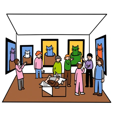 An art gallery filled with various paintings depicting cats in boxes. Each painting presents a unique interpretation of "Schrödinger's Cat". The gallery has white walls, and the paintings are framed in sleek black frames. There are colorful cats in different poses and styles within the boxes, some appearing playful, others curious. The floor is polished wood, reflecting the vibrant colors of the artwork. There are a few visitors in the gallery, admiring the paintings and discussing the concepts, adding life to the scene.