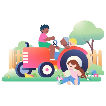 A group of three children is playing around a bright red stationary tractor in a backyard. One child with curly black hair is climbing onto the tractor's seat, while another child with short blonde hair is attempting to turn the steering wheel. The third child, a girl with long brown hair, is sitting on the grass nearby, giggling as she watches her friends. The tractor is surrounded by green grass and colorful flowers, with a wooden fence and a few trees providing shade in the background. There are some toys scattered on the ground, adding to the playful atmosphere.