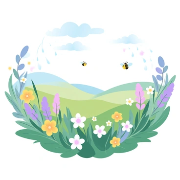 A vast meadow is covered with a diverse array of wildflowers in various colors, including yellows, purples, and pinks. The flowers are vibrant and lush, swaying gently in the breeze. Numerous bees are buzzing around, actively moving from flower to flower, collecting nectar. In the background, a clear sky is visible, suggesting recent rains have nourished the landscape, enhancing the rich greens of the grass and the brightness of the flowers.
