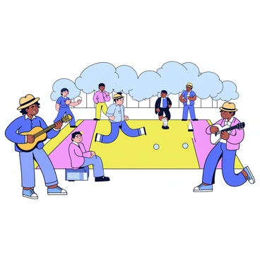 A street musician with a straw hat is playing a guitar. Next to him, there is a petanque court where players are actively engaged in a game. The players are focused and dressed casually, with one player kneeling to throw a metal boule. Surrounding the court, there are a few spectators watching the game intently. The scene is set in a sunny outdoor environment, with a few trees in the background and a clear blue sky.